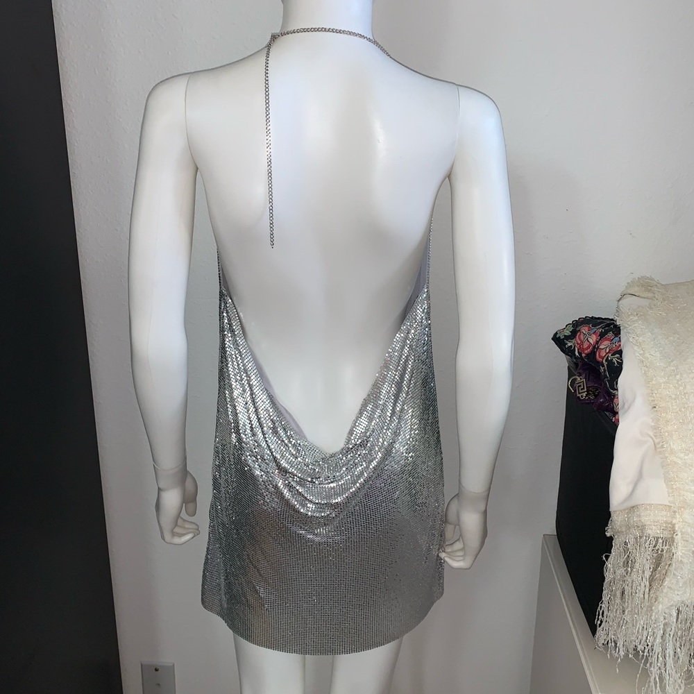 💃 EXPRESS silver chainmail metal mesh halter party dress S M - Picture 7 of 11